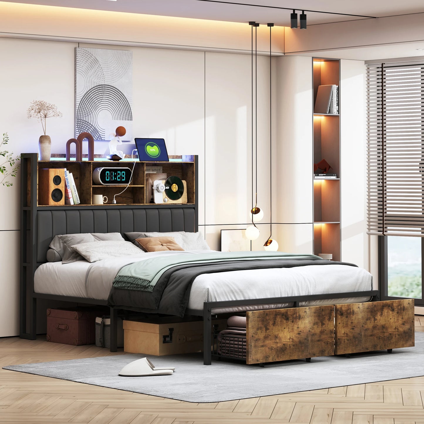 Tweepersoonsbed – Bedframe – Slaapbank – Opbergbed – Ledbed – Zwart met PU Hoofdeinde – 140x200 cm – Met Ledverlichting en Opberglades
