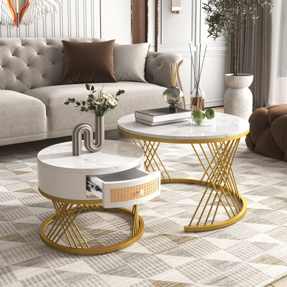 Salontafel Set – Bijzettafel – Ronde Tafel – Woonkamermeubel – MDF Marmerprint – Lade Opbergruimte – Metalen Gouden Pooten