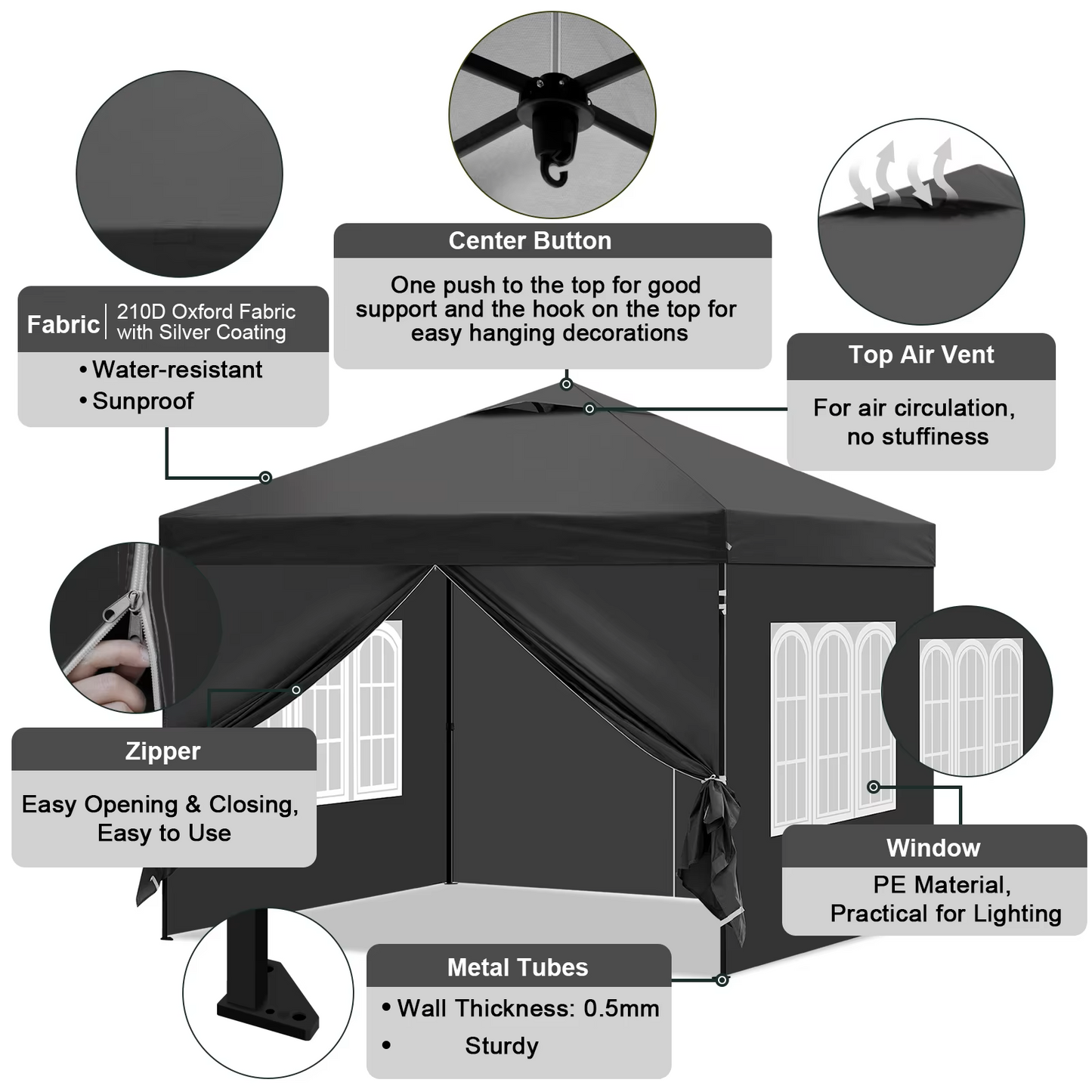 Paviljoen - Tuinpaviljoen - Partytent - Tuintent - Pop-up Kliksysteem - Stabiel - Vouwtent - Opvouwbaar - Waterdicht - Winterbestendig - 50+UV-Bescherming - voor Tuin - Buiten - Achtertuin - 210D Oxford - 3 x 3 m - Antraciet