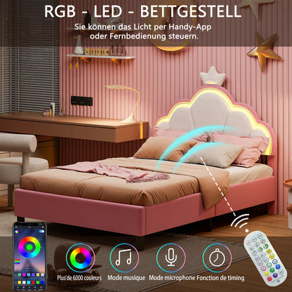 Modern Gestoffeerd Bed – Eenpersoonsbed – Led Bed – Sfeervol Bed – Gestoffeerd Slaapbed – 90x200 cm – LED-Verlicht Hoofdbord – Kroonmotief Design