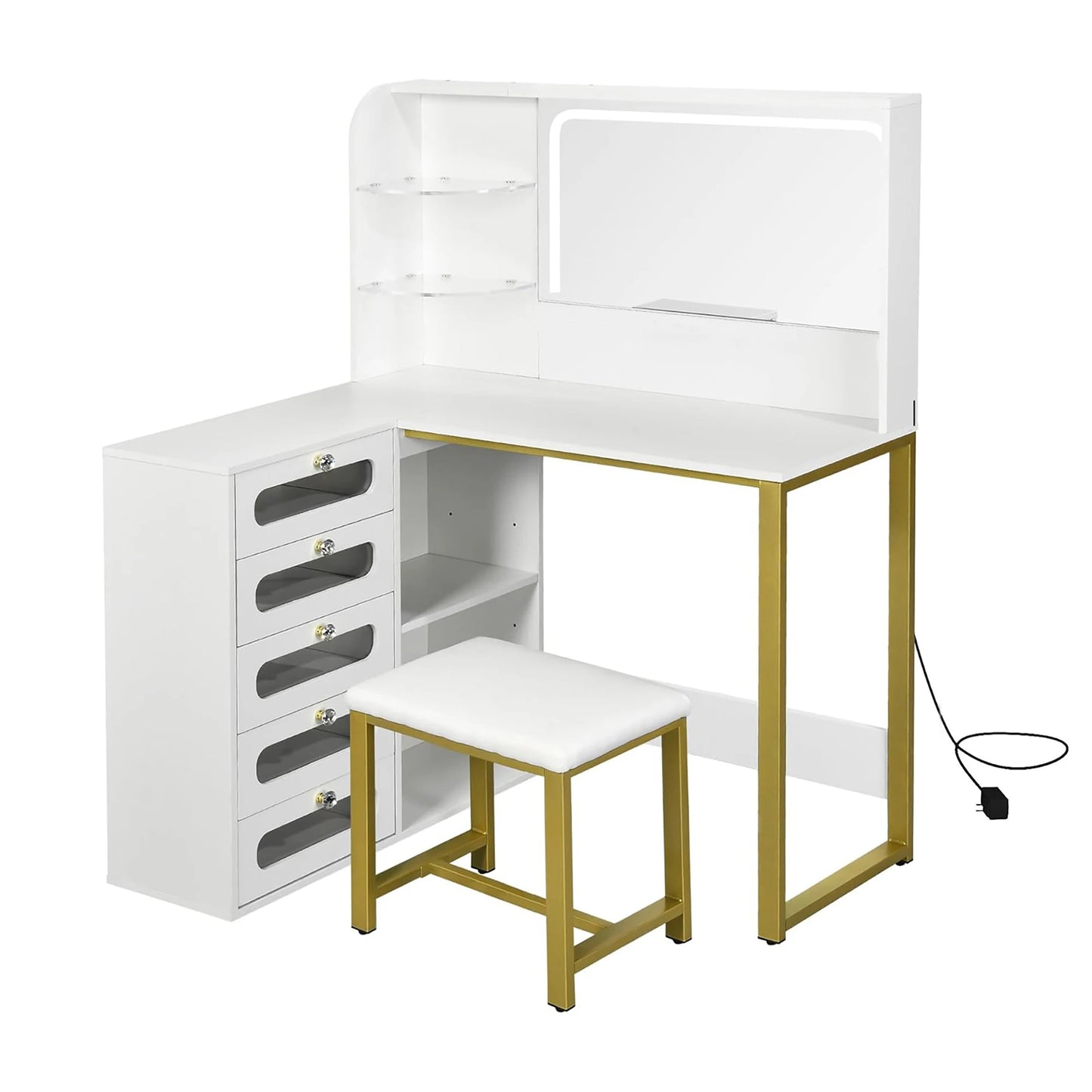 L-vormige Make-up Tafel – Kaptafel – Schoonheidstafel – Dressing Table – Hoekmeubel – Wit – LED Spiegel met 3 Lichtstanden – Gestoffeerde Kruk