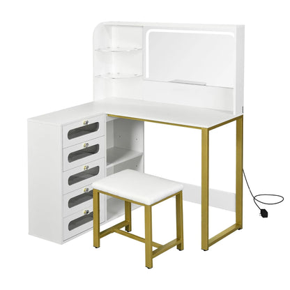 L-vormige Make-up Tafel – Kaptafel – Schoonheidstafel – Dressing Table – Hoekmeubel – Wit – LED Spiegel met 3 Lichtstanden – Gestoffeerde Kruk