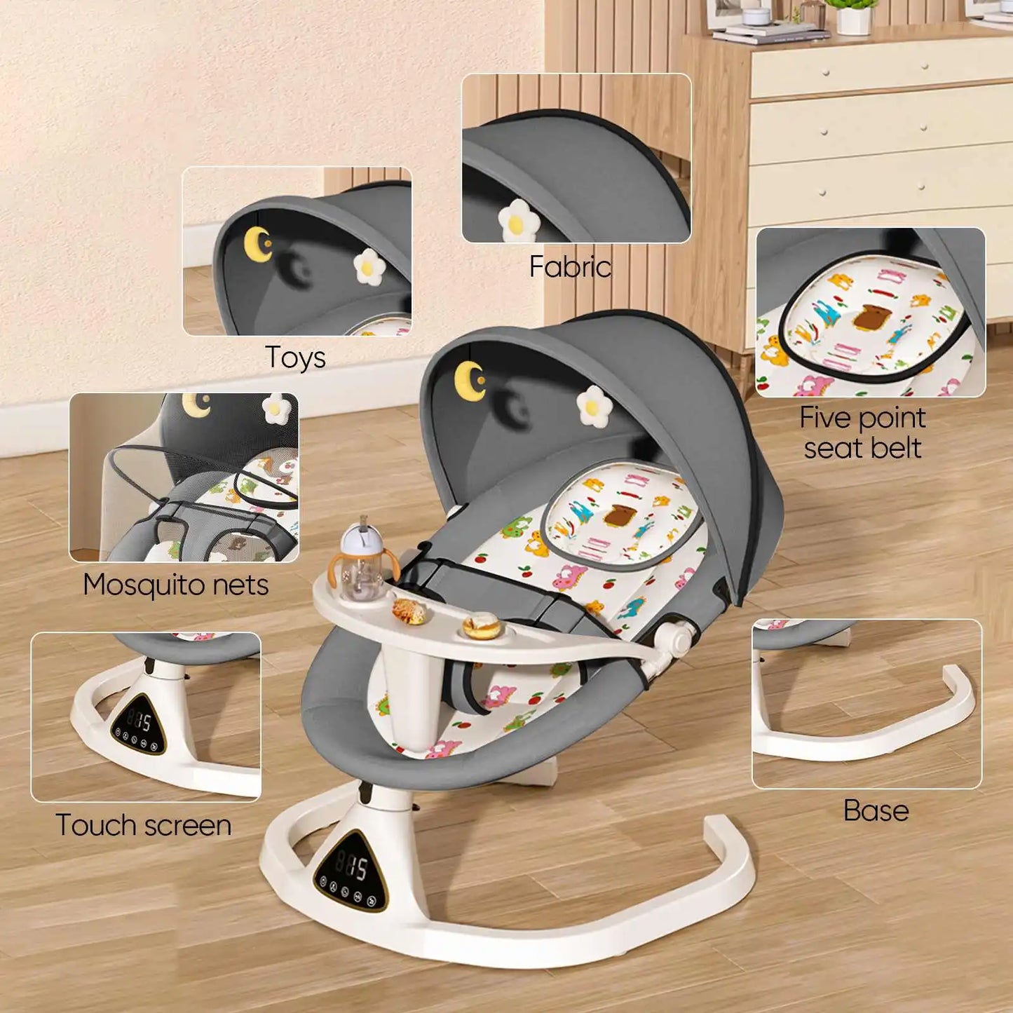Wiegstoel voor Baby's - Elektrische Wipstoel - Babybedje - Wipstoel  - Elektrische Schommelstoel  - Babyschommel- Baby Swing - Kinderstoel - Automatisch Schommelstoeltje met Afstandsbediening en 5-Puntsgordel - Bluetooth - Grijs