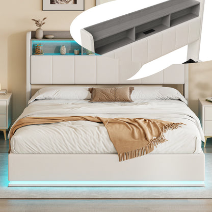 Boxspring 160x200 cm – Tweepersoonsbed – Gestoffeerd Bed – Ledverlichting Bed – Opbergladen Bed – Metalen Frame – Velvet Bekleding – Stevig Met Centraal Versteviging
