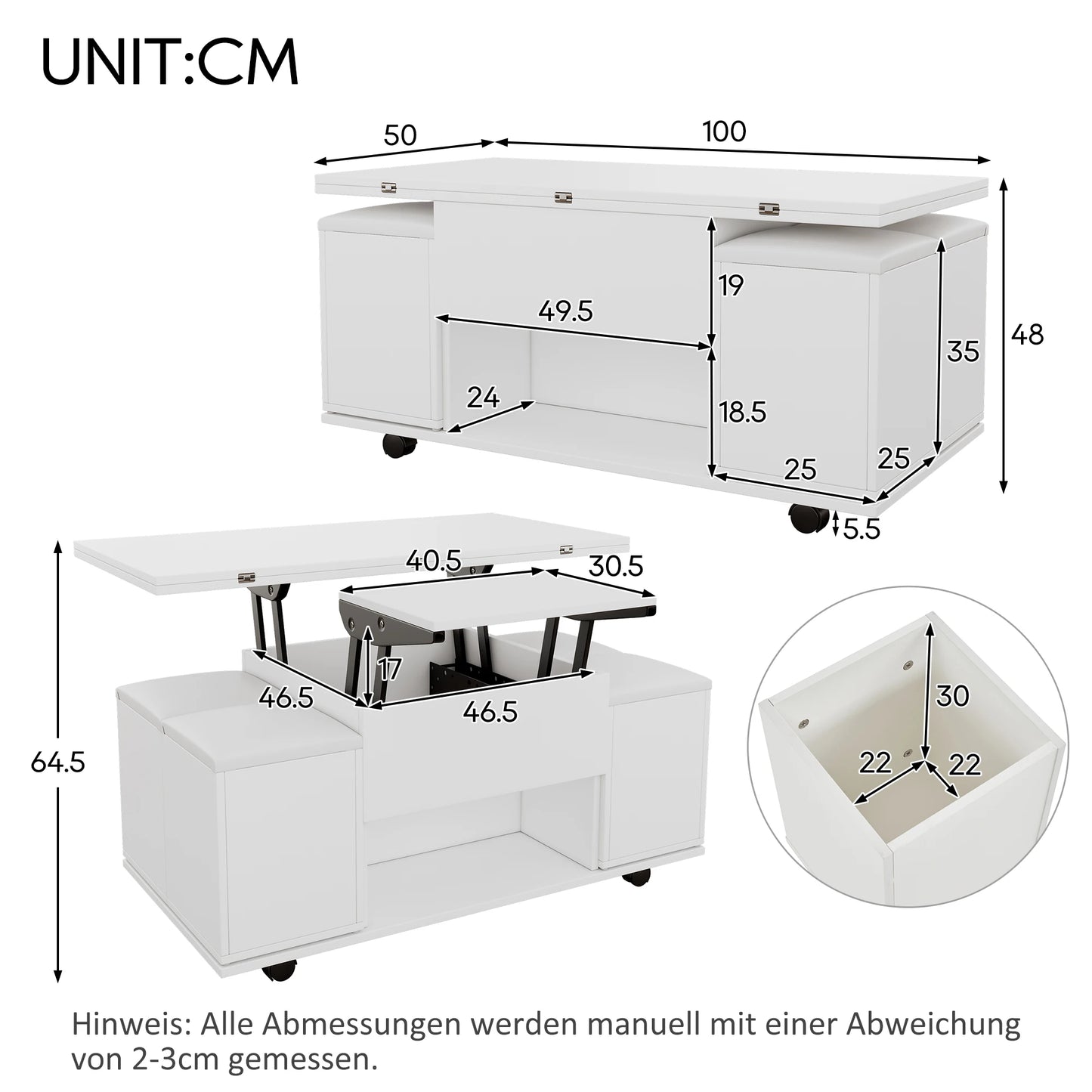 Verstelbare Salontafel – Multifunctionele Tafel – Opbergtafel – Modern Meubel – Verstelbare Hoogte – Uitklapbaar 2-in-1 Ontwerp - 100x100x63,5 cm - Wit