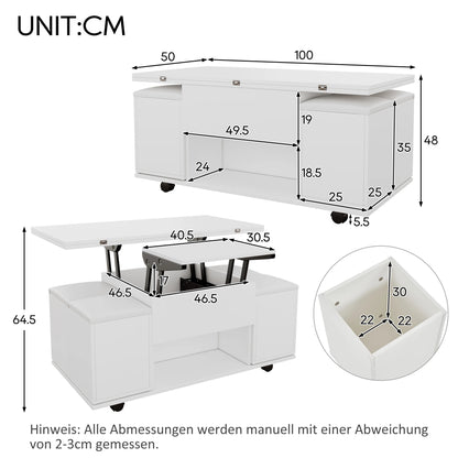 Verstelbare Salontafel – Multifunctionele Tafel – Opbergtafel – Modern Meubel – Verstelbare Hoogte – Uitklapbaar 2-in-1 Ontwerp - 100x100x63,5 cm - Wit