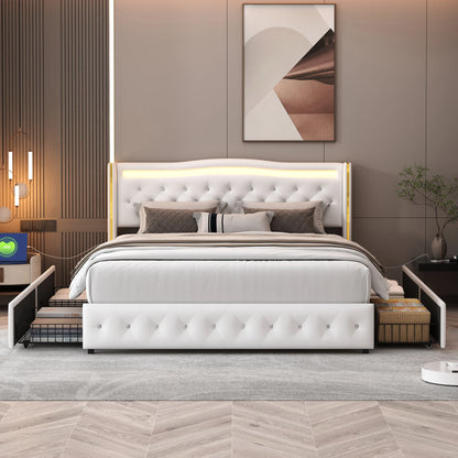 Tweepersoonsbed – Bed – Ledikant – Slaapbank – Opbergbed – 140x200 cm – Kunstleer Wit – LED-verlicht Hoofdbord – Vier Opberglades
