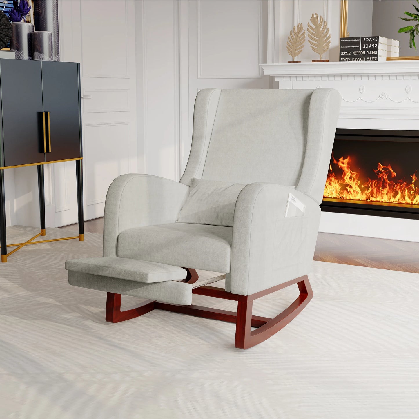 Schommelstoel – Schommelstoel Met Voetensteun – Wiegstoel – Schommelzetel – Relaxstoel – Velvet Grijs Met Voetensteun – Comfortabel 13 Cm Dik Kussen – Stevig Eikenhouten Frame