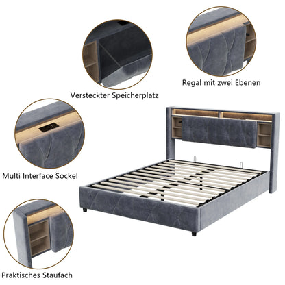Tweepersoonsbed – 2-Persoonsbed – Boxspring – Bedframe – Slaapbed – 160x200 cm – Fluwelen Bekleding – Hydraulische Opberglade met LED-Hoofdbord en USB-poorten