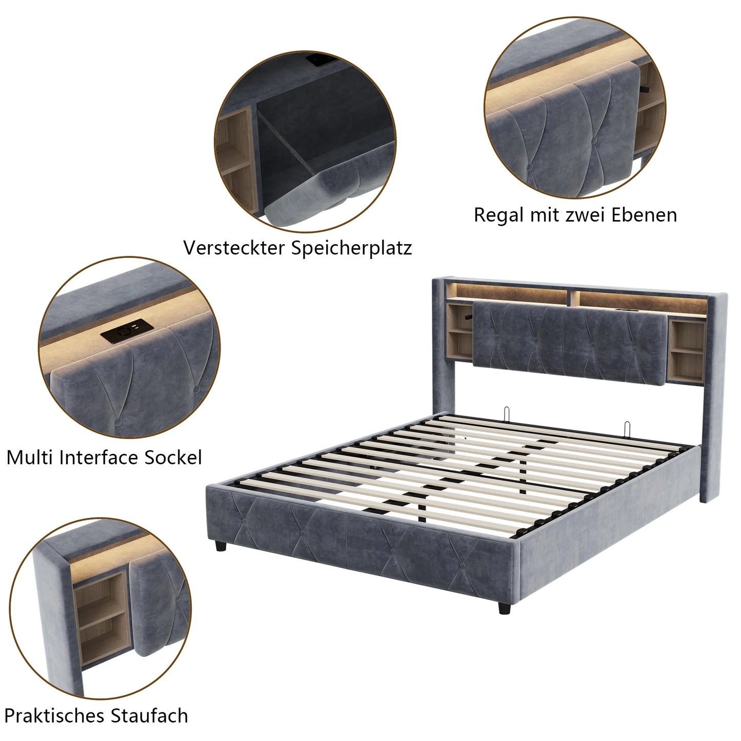 Tweepersoonsbed – Bed Met Opbergruimte – Fluwelen Bed – Slaapbank – Boxspring – 140x200 CM – Hydraulische Opbergruimte – Led Hoofdeinde Met Usb-Poort