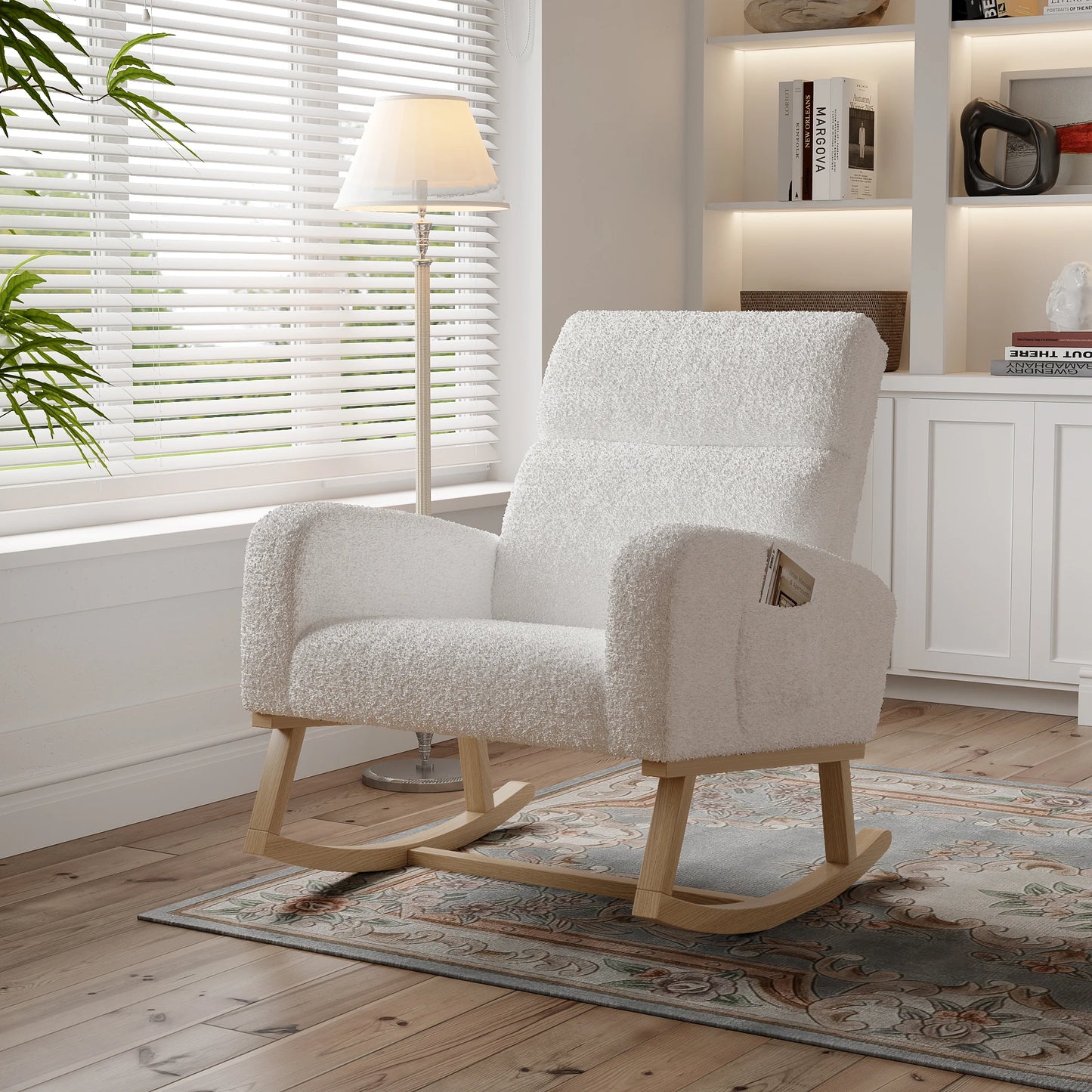 Schommelstoel – Rocking Chair – Schommelstoel Zonder Voetensteun – Nursing Chair – Relaxstoel – Teddy Beige – Massief Houten Frame – Zachte Teddy Bekleding