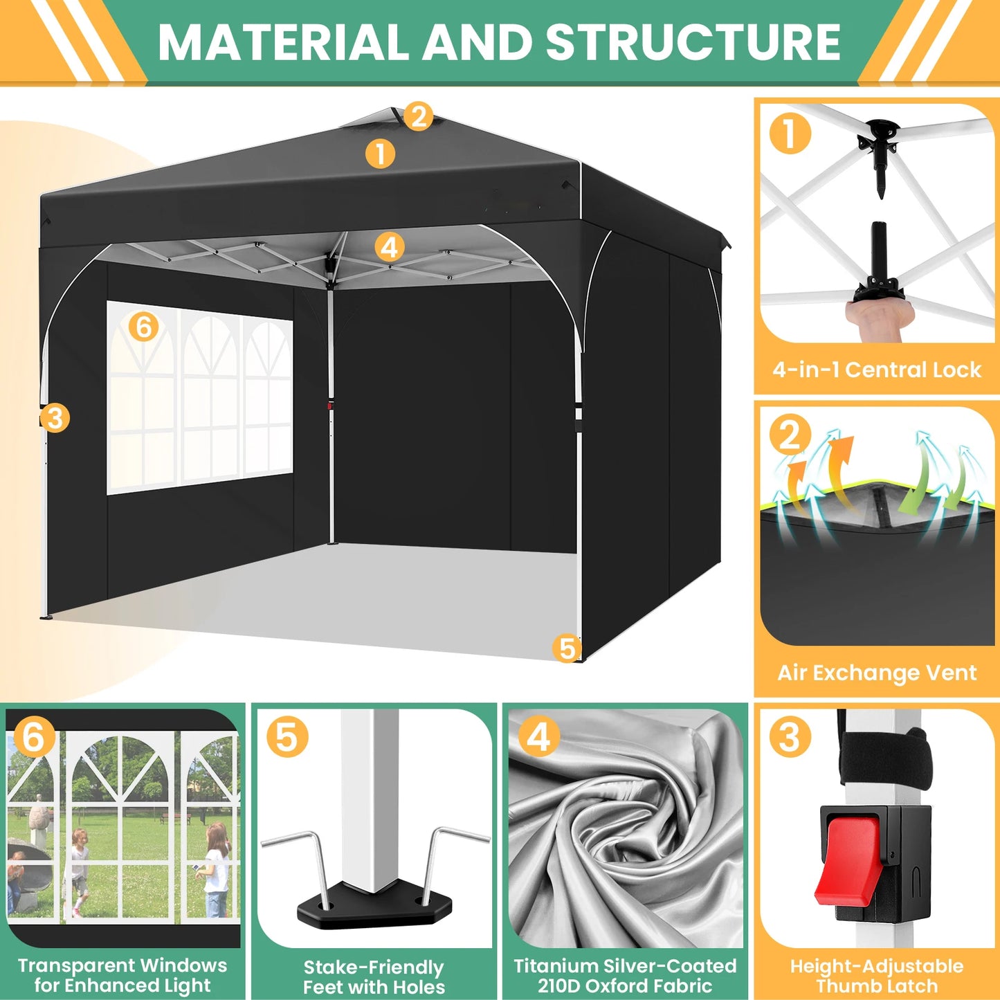 Pavilion 3x3m Waterproof Stable Winterproof Folding Gazebo Party Tent Garden Gazebo, 3 Side Panels, for Camping, Festivals