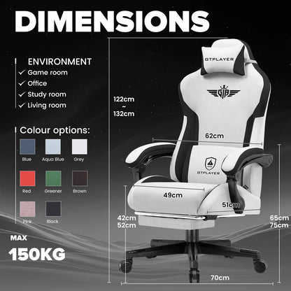 Gamingstoel – Gamestoel – Gaming Chair – Game Stoel – Bureaustoel – Ergonomisch Ontwerp – Ademend Lichtblauw Stof – Verstelbare Rugleuning Tot 165° – Uitklapbare Voetensteun