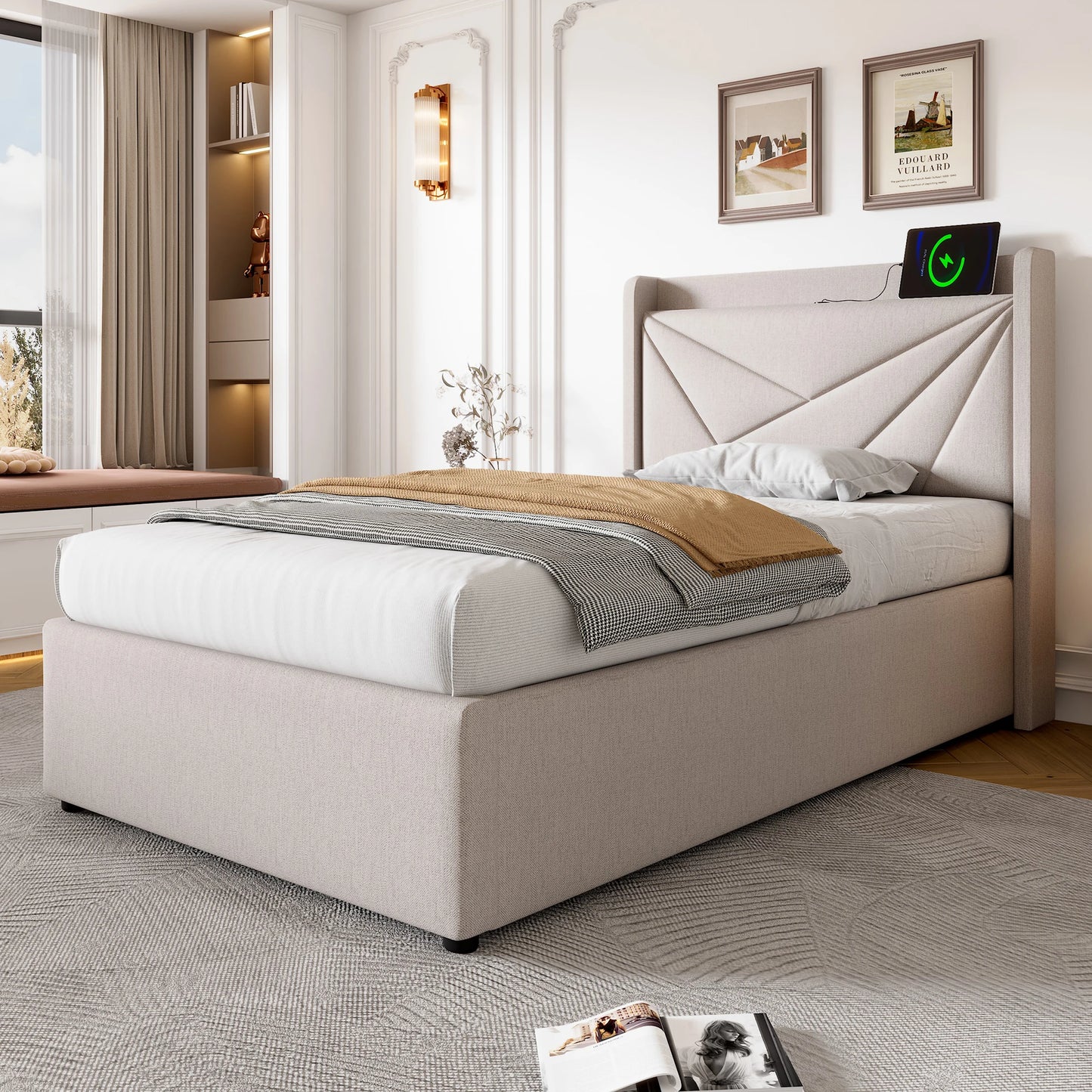 Bed 90x200 cm – Eenpersoonsbed – Logeerbed – Slaapbed – Opbergbed – Geïntegreerde USB en Type-C Poorten – Bovenmatras Inclusief Linnen Hoofdbord Beige