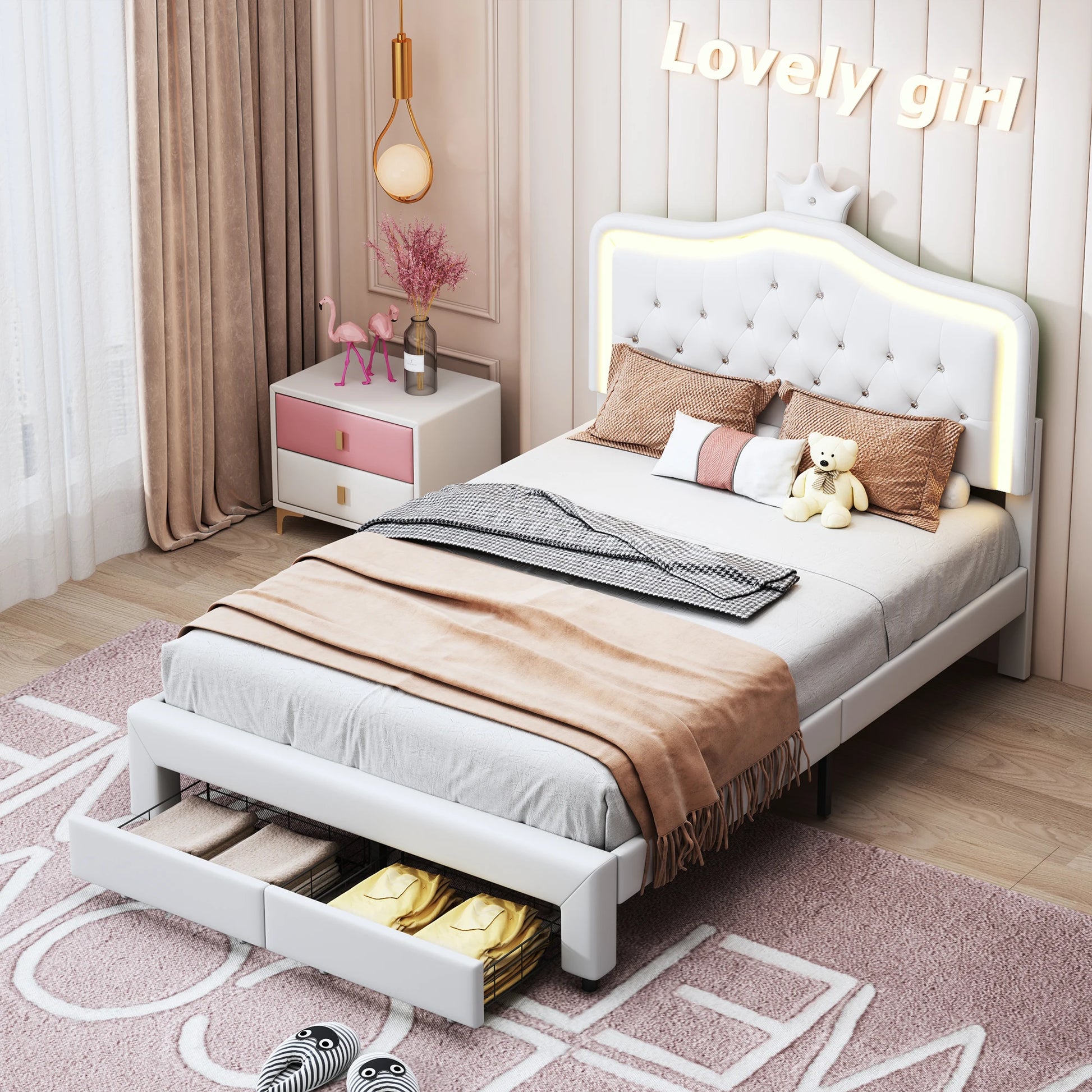 Bedframe – Bed – Kinderbed – Tienerbed – Eenpersoonsbed – 140x200 cm – LED-verlichting Hoofdbord – Opberglade Onderbed - QUORE