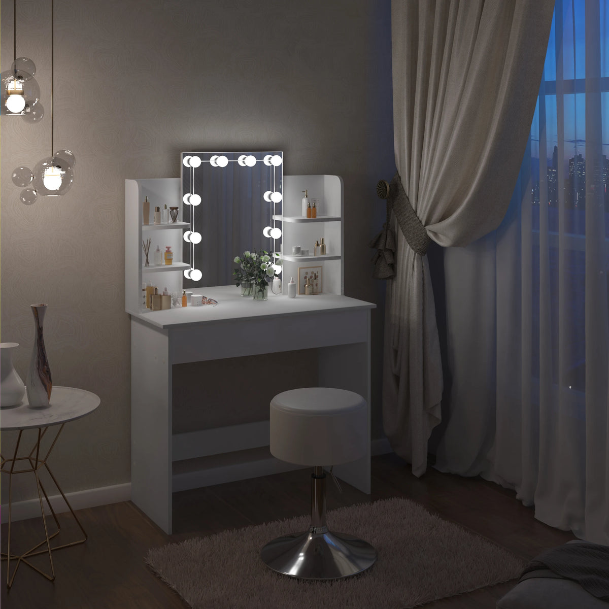 Dressing Table - Make-up Table - Dressing Table with Mirror and Lighting - LED Mirror - 2 Drawers - 4 Storage Shelves - Adjustable Lighting - 90x40x135 cm - 75 kg - White