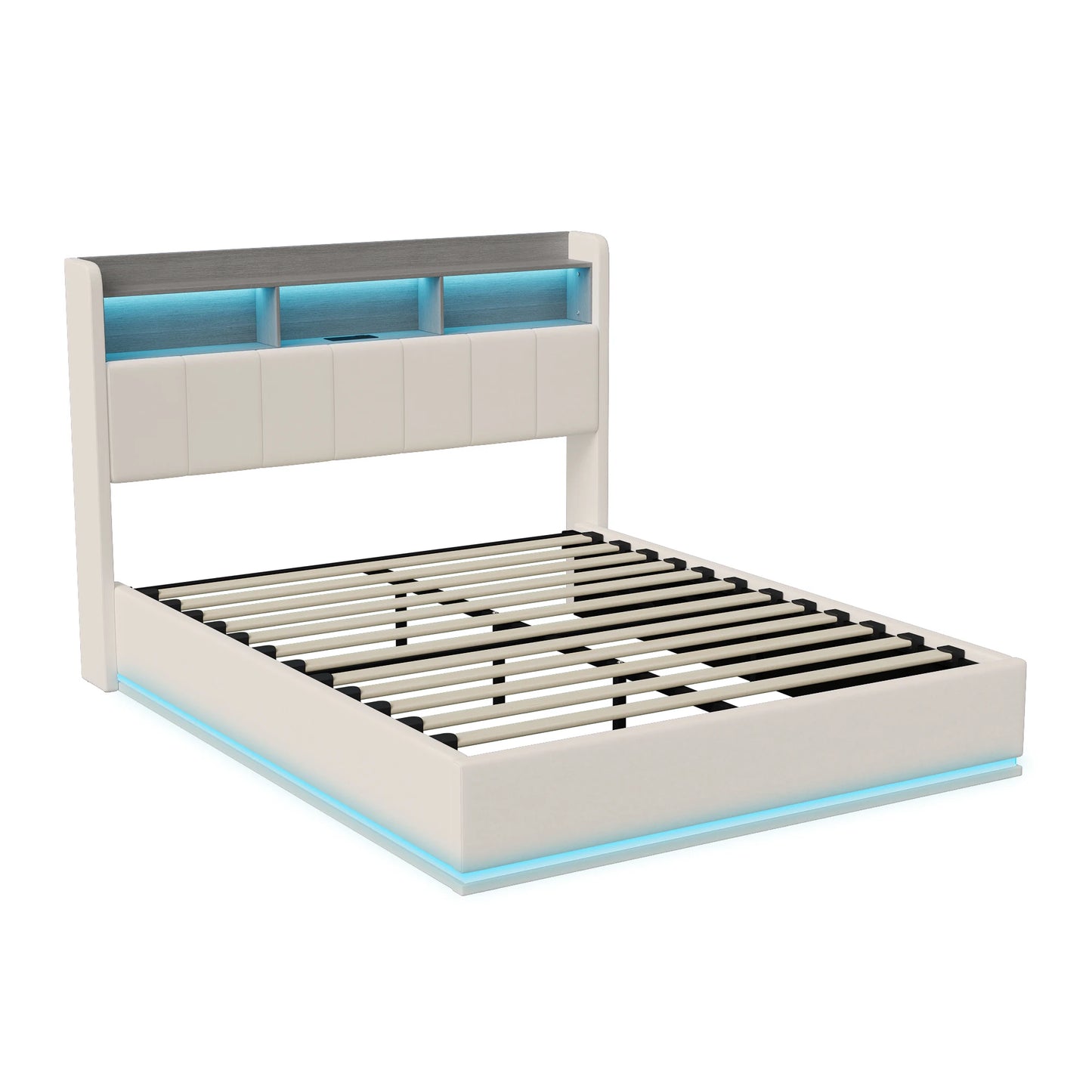 Gestoffeerd Tweepersoonsbed – Bedframe – Slaapbank – Opbergbed – Liftbed – Wit Met LED-Verlichting – Hydraulische Opbergruimte – 140x200 / 160x200 cm