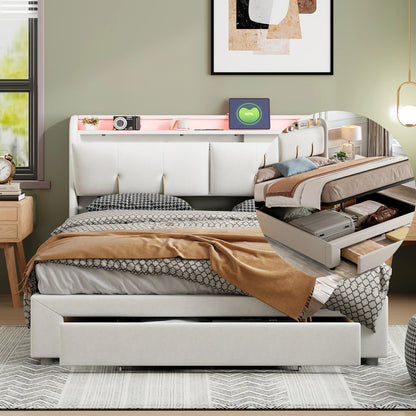 Tweepersoonsbed – Bedframe – Opbergbed – Slaapbank – Boxspring – 160x200 cm – Met LED-verlichting en USB-oplaadpunt – Grijs Fluwelen Hoofdeinde