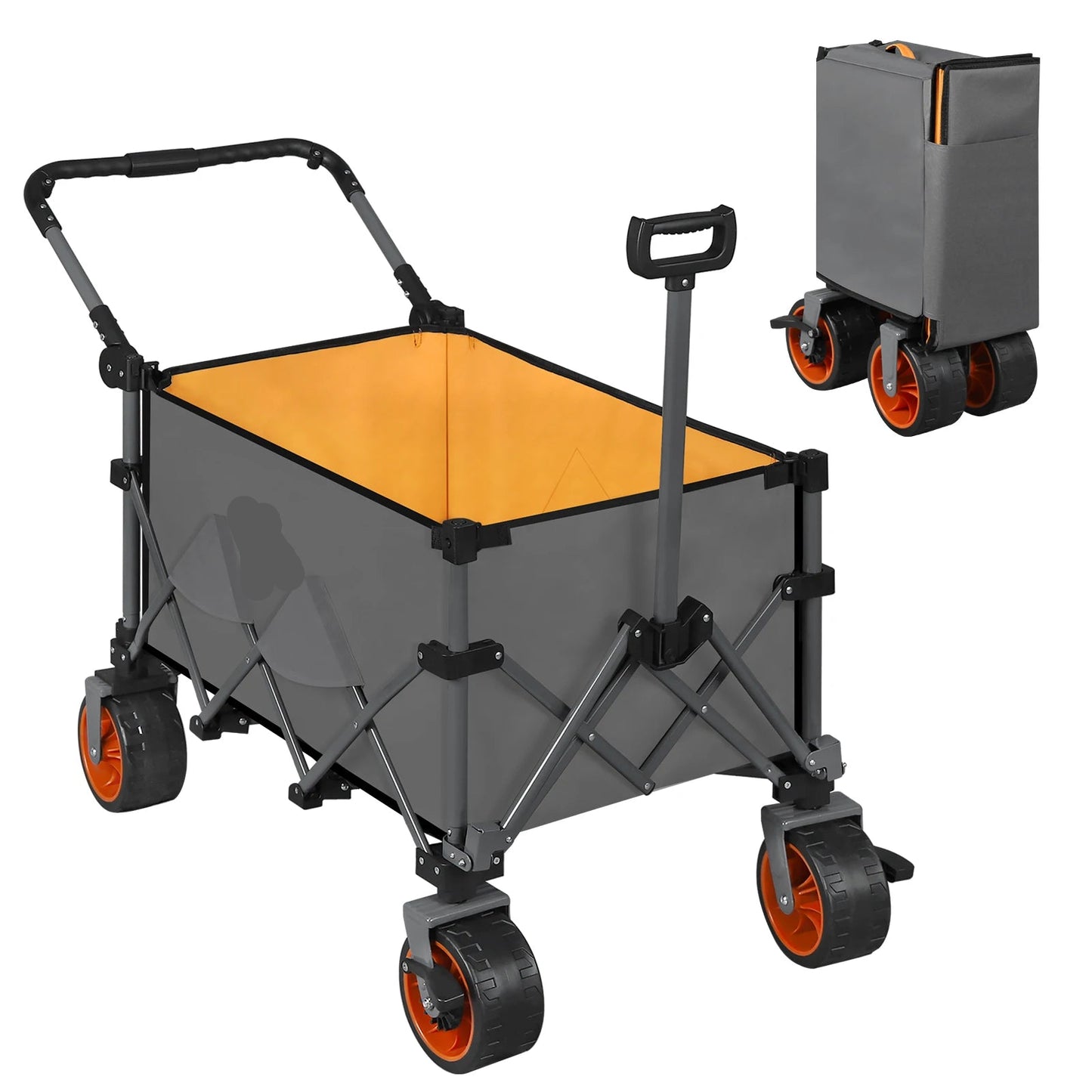 Bolderkar - Transportkar - Handkar - Bolderkar Opvouwbaar - Bolderwagen - met Remmen en Draagtas - Bolderkarren - voor Strand, Tuin, Camping en Alle Terreinen - Donkergrijs met Oranje Accenten