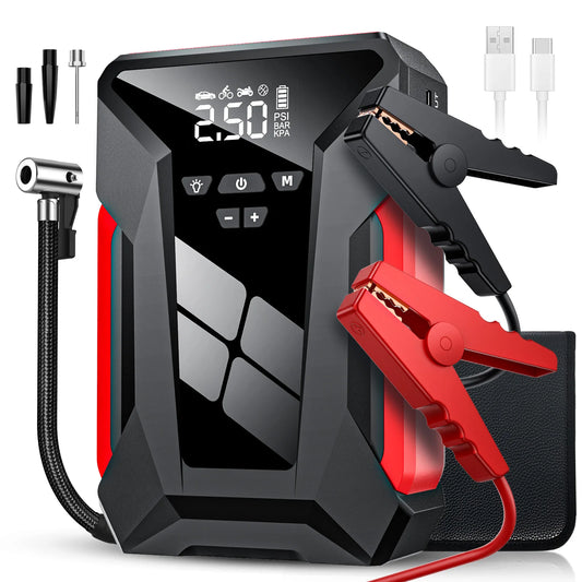 Jumpstarter - Car Jumpstarter - 28000mAh - Car Starting Device - Jumpstarter with Powerbank &amp; 150PSI Tire Inflator - Multifunctional Jumpstarter - Black