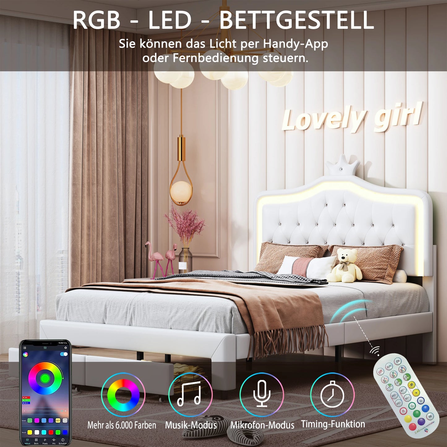 Bedframe – Bed – Kinderbed – Tienerbed – Eenpersoonsbed – 140x200 cm – LED-verlichting Hoofdbord – Opberglade Onderbed - QUORE