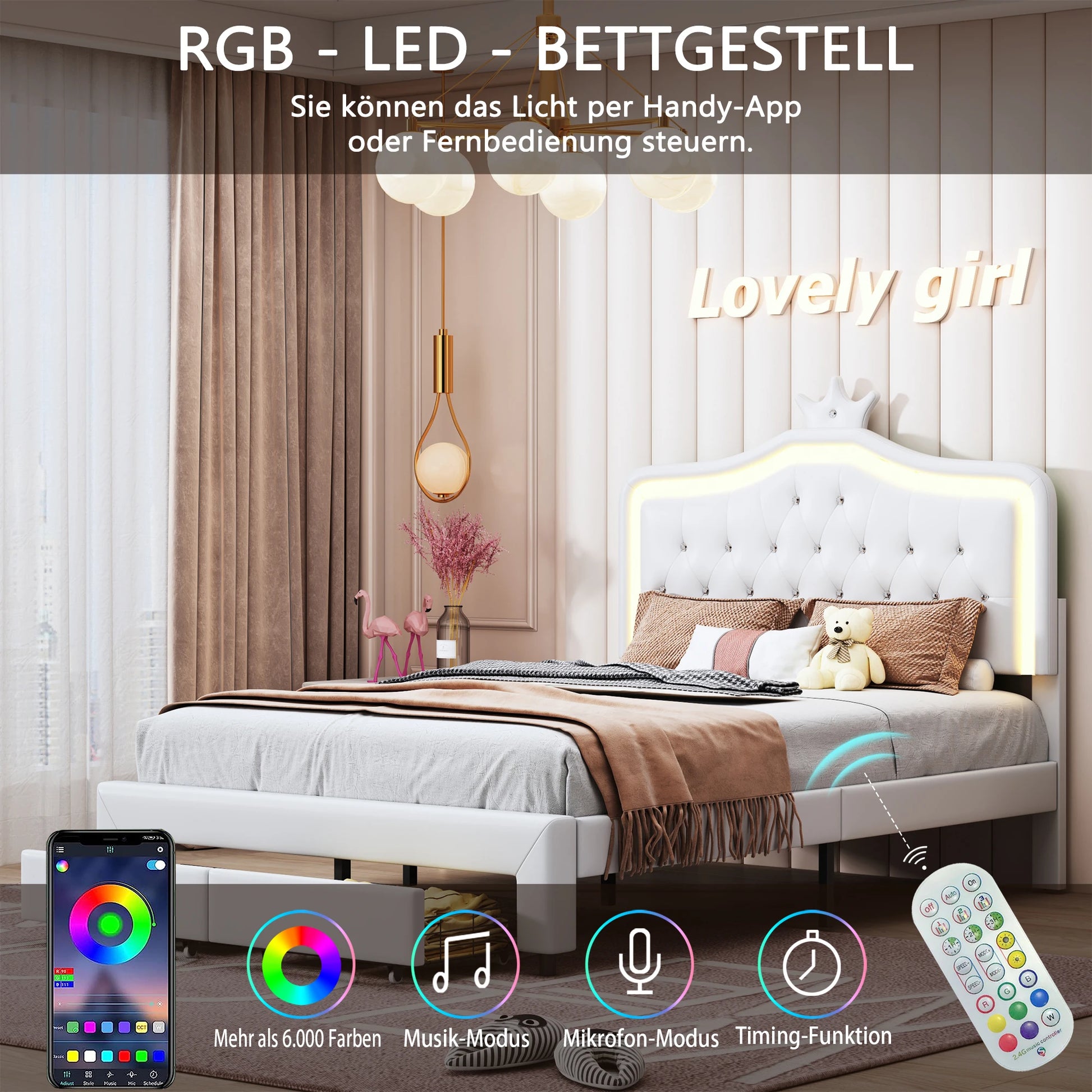 Bedframe – Bed – Kinderbed – Tienerbed – Eenpersoonsbed – 140x200 cm – LED-verlichting Hoofdbord – Opberglade Onderbed - QUORE