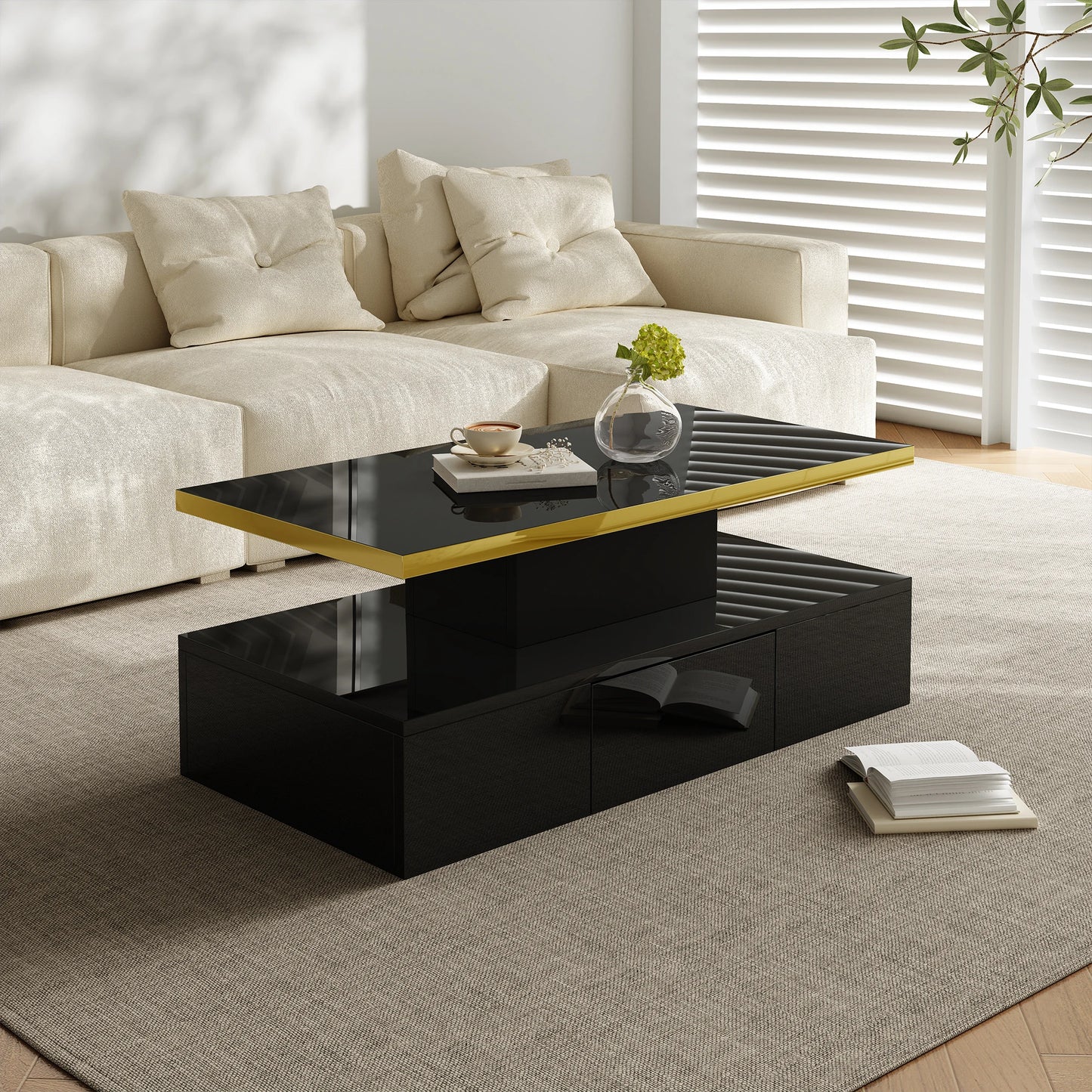 Salontafel – Koffietafel – Woonkamertafel – Tafel – Hoogglans Wit – Twee Niveaus – Verborgen Lade -  Zwart