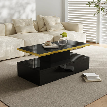 Salontafel – Koffietafel – Woonkamertafel – Tafel – Hoogglans Wit – Twee Niveaus – Verborgen Lade -  Zwart