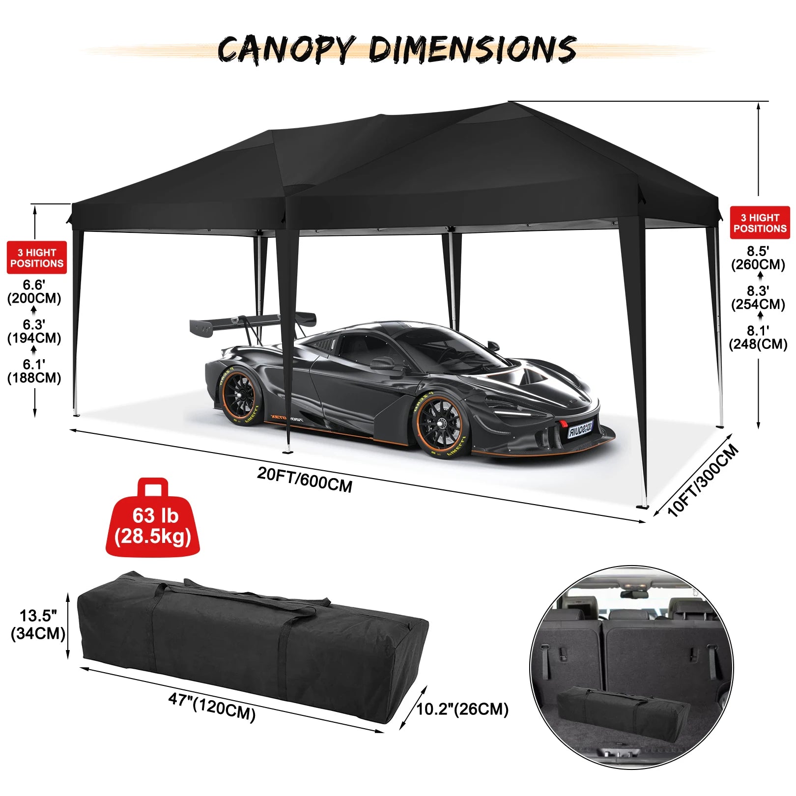 3x6 Meter Vouwtent – Partytent – Marktkraam – Overkapping – Tuintent – Roestbestendig Stalen Frame – Waterdichte 210D Oxford Stof - Zwart - QUORE