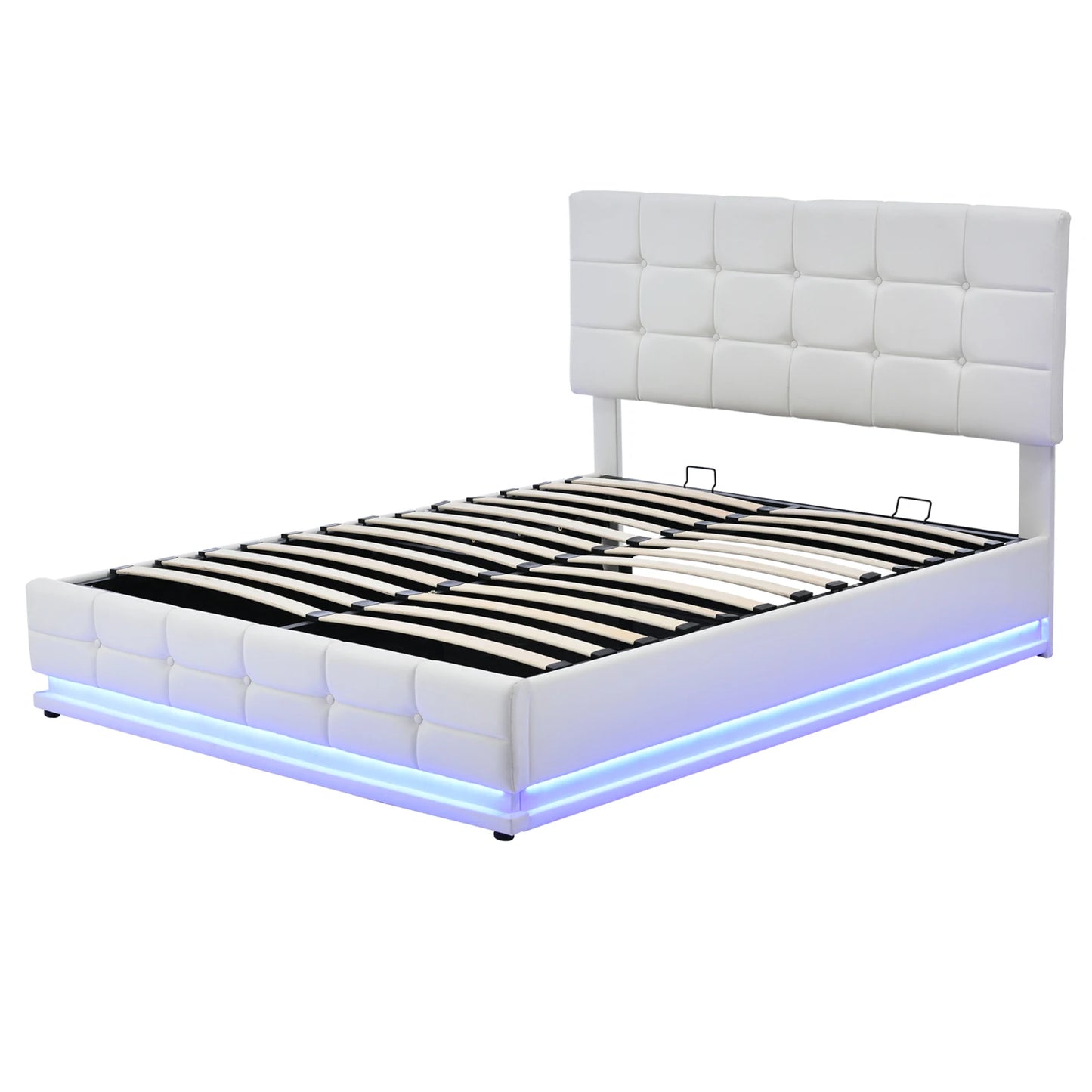 Gestoffeerd Bed – Kunstleren Bed – Opbergbed – Led Bed – Bed Met USB – Wit – 140x200 cm – Hydraulische Opbergruimte – Geïntegreerde LED-Verlichting