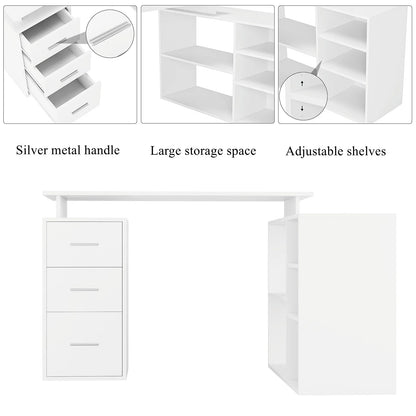 Hoekbureau – L-vormig Bureau – Werkplek Bureau – Studiebureau – Kantoormeubel – Wit – Verstelbare Planken – 3 Opberglades – 129x104 cm