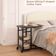 C Shaped Side Table - Coffee Table - Laptop Table - Adjustable Height - Wheels - Storage Compartments - Rounded Corners - Light Oak