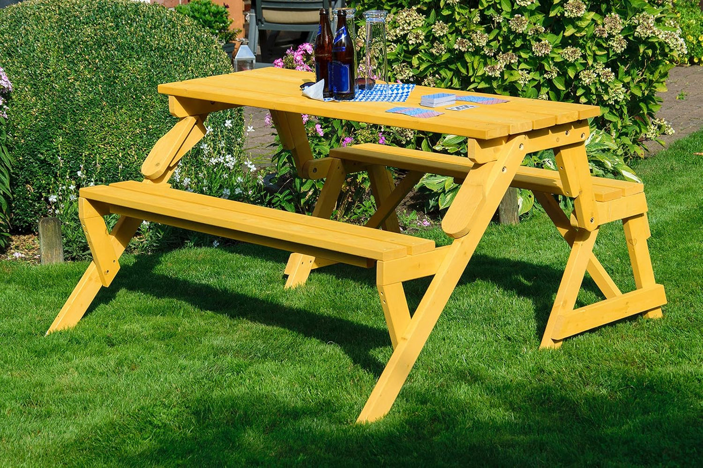 dobar® 29301FSCe Picknickbank, 2-in-1, groot, multifunctionele tuinbank, massief hout, zitbank en tafel voor 4 personen, outdoor zitmeubel, 138 x 144 x 77 cm, naturel