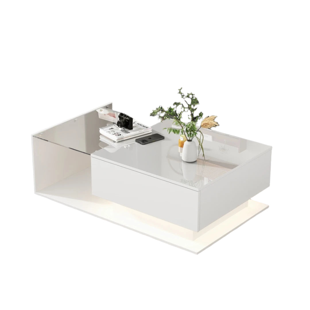 Salontafel – Glanzende Tafel – Moderne Salontafel – Lade – Robuust – Schokbestendig Glazen Blad - 100x50x32 cm - WIt