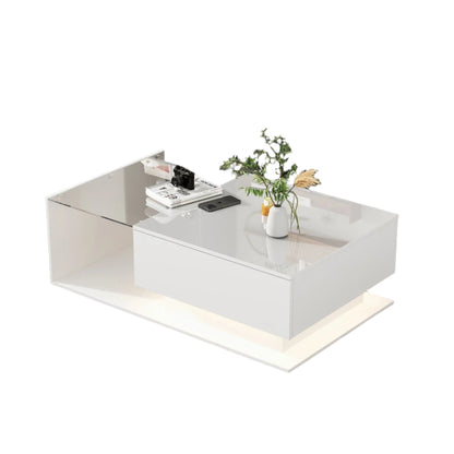 Salontafel – Glanzende Tafel – Moderne Salontafel – Lade – Robuust – Schokbestendig Glazen Blad - 100x50x32 cm - WIt