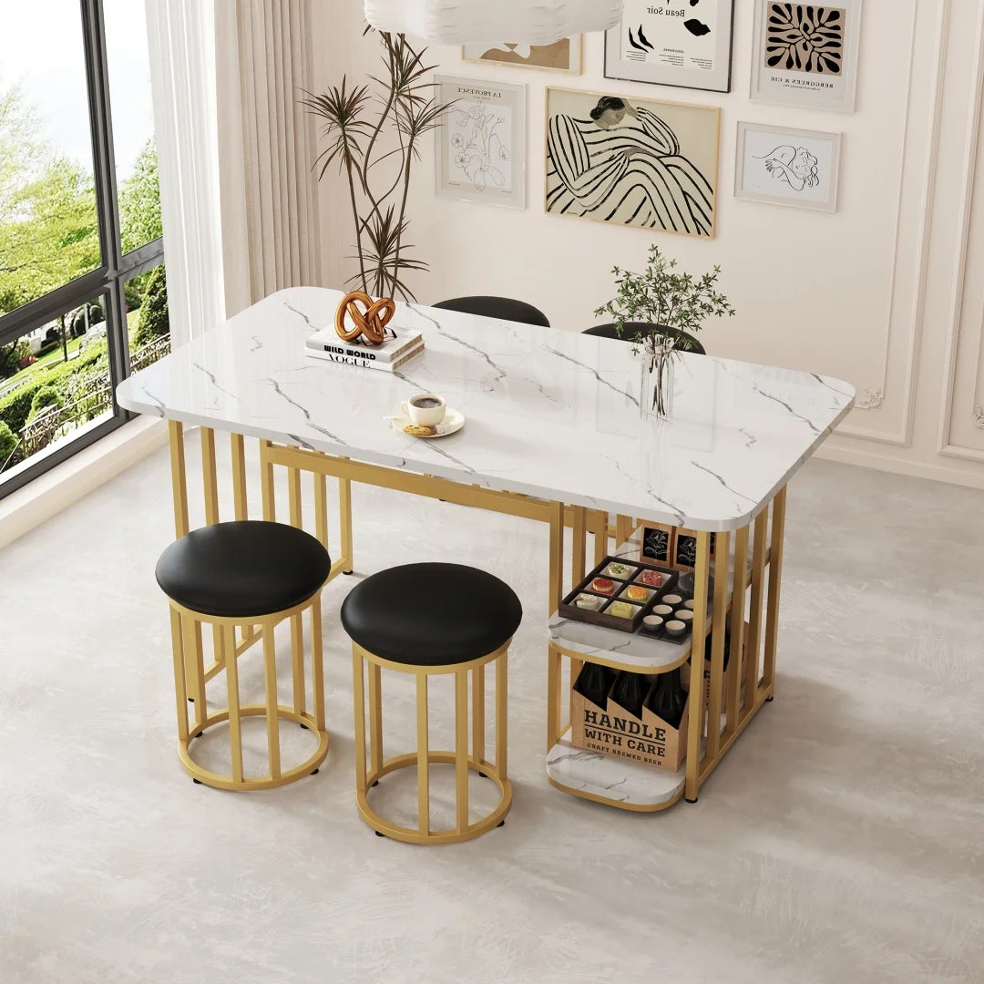 Eettafelset – Eettafel Met Opbergruimte – Tafel Met Stoelen – Witte Tafel – Gouden Poten – 140x80x75 Cm – Metalen Onderstel