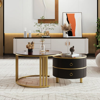 Salontafel – Bijzettafel – Woonkamertafel – 2-in-1 Tafel – MDF En Dennenhout – Glazen Blad – Opberglade - Zwart