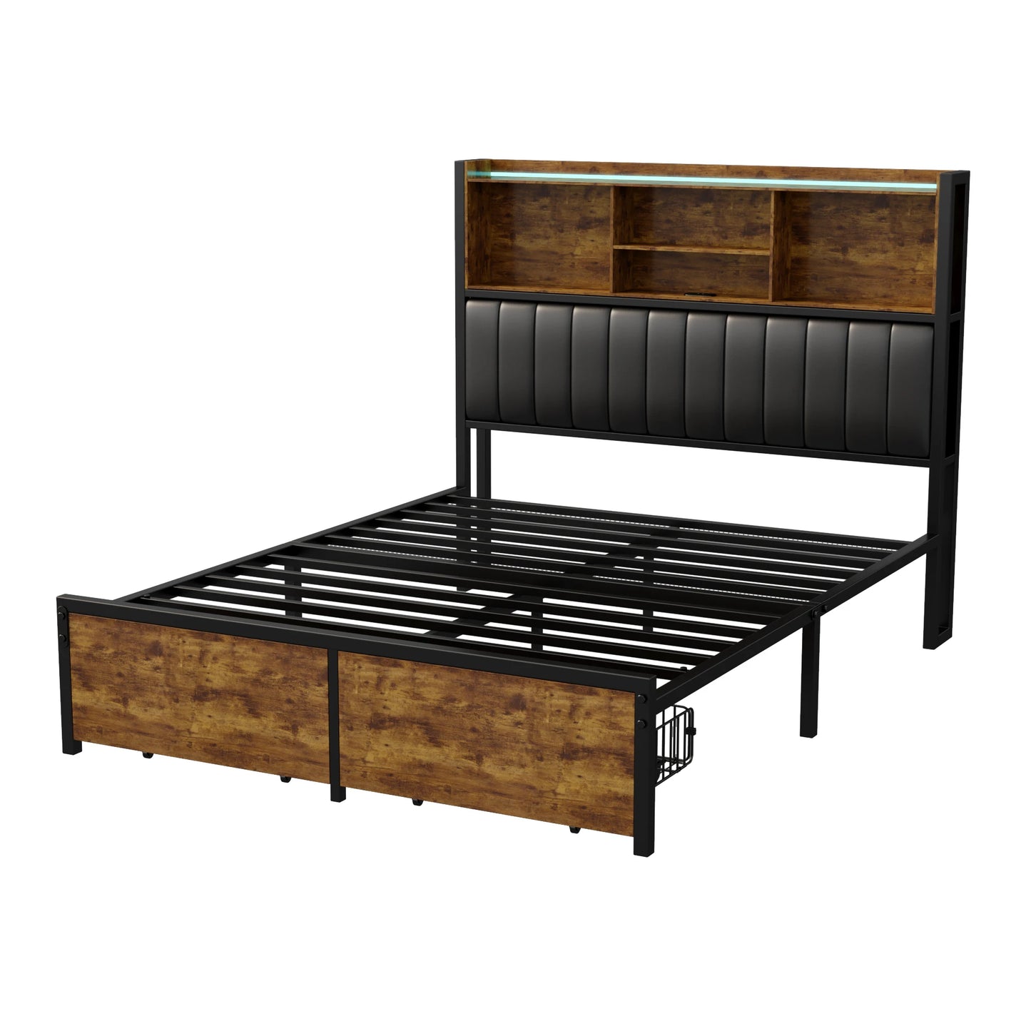 Tweepersoonsbed – Bedframe – Slaapbank – Opbergbed – Ledbed – Zwart met PU Hoofdeinde – 140x200 cm – Met Ledverlichting en Opberglades