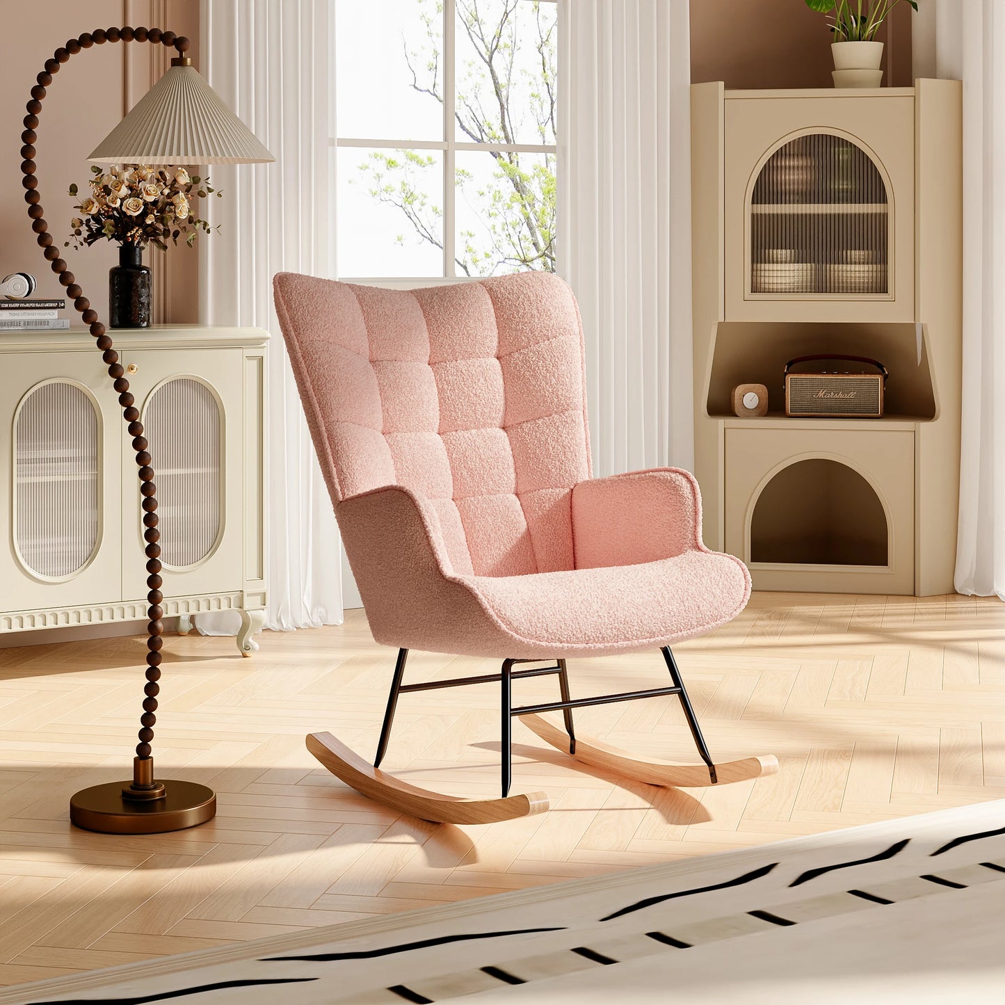 Schommelstoel – Schommelstoel Met Armleuningen – Schommelstoel Voor Woonkamer – Fauteuil – Schommelzetel – Roze Teddy Fleece – Massief Houten Frame Met Hoog Draagvermogen