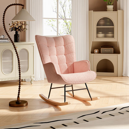 Schommelstoel – Schommelstoel Met Armleuningen – Schommelstoel Voor Woonkamer – Fauteuil – Schommelzetel – Roze Teddy Fleece – Massief Houten Frame Met Hoog Draagvermogen