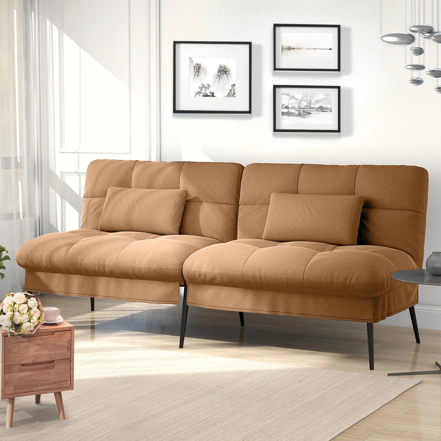 Hoekbank Met Slaapfunctie – 3-Zitsbank – Slaapbank – Loungebank – Verstelbare Rugleuning – Katoenen Fluweel – Metalen Frame - Oranje