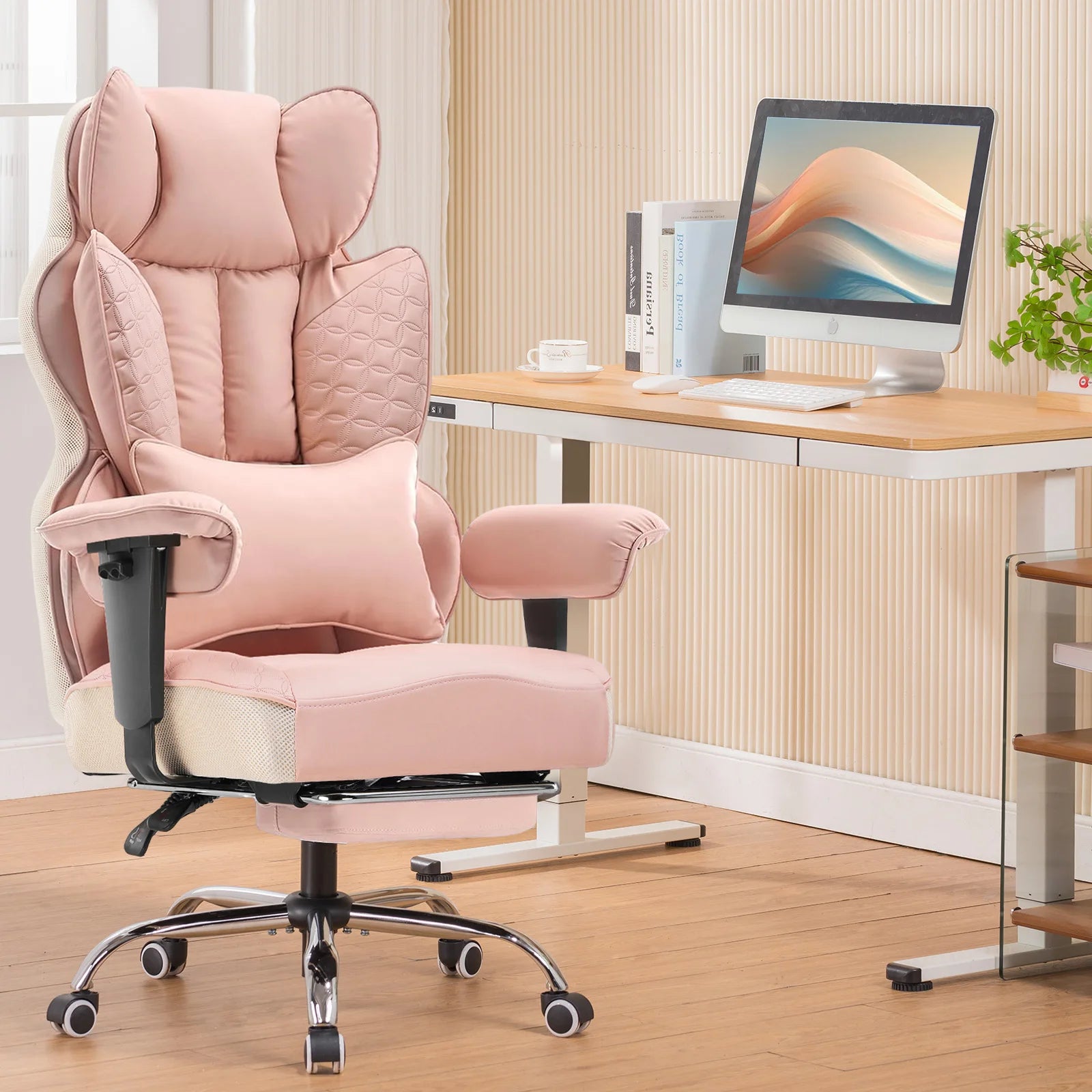 Gaming Stoel - Bureaustoel - Gamestoel - Ergonomische Bureaustoelen - Verstelbare Armleuningen & Pocket Spring Lendensteun – Roze - QUORE