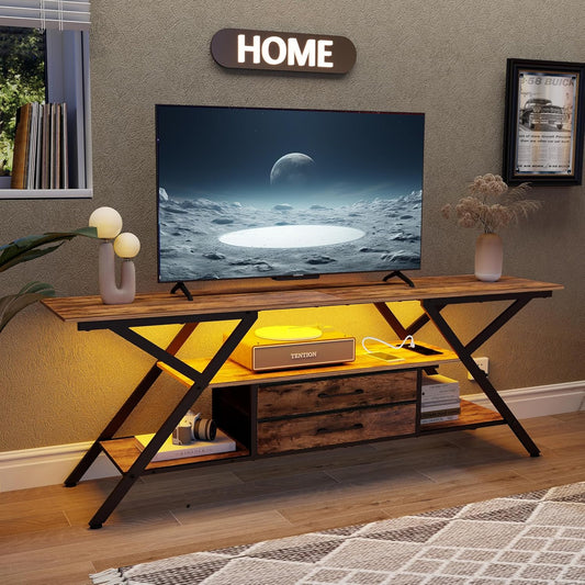 Rustieke tv-kast tot 55 inch tv-console met laadstation en ledlicht, tv-rek, 2 opbergingen, stoffen laden, entertainmentcentrum voor slaapkamer, woonkamer