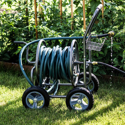 Slanghaspel Met Wielen – Slangenkar – Tuinslanghouder – Slangcaddie – Tuinslanghaspel – 250 Ft Capaciteit – Robuuste Hammertone Metalen Afwerking