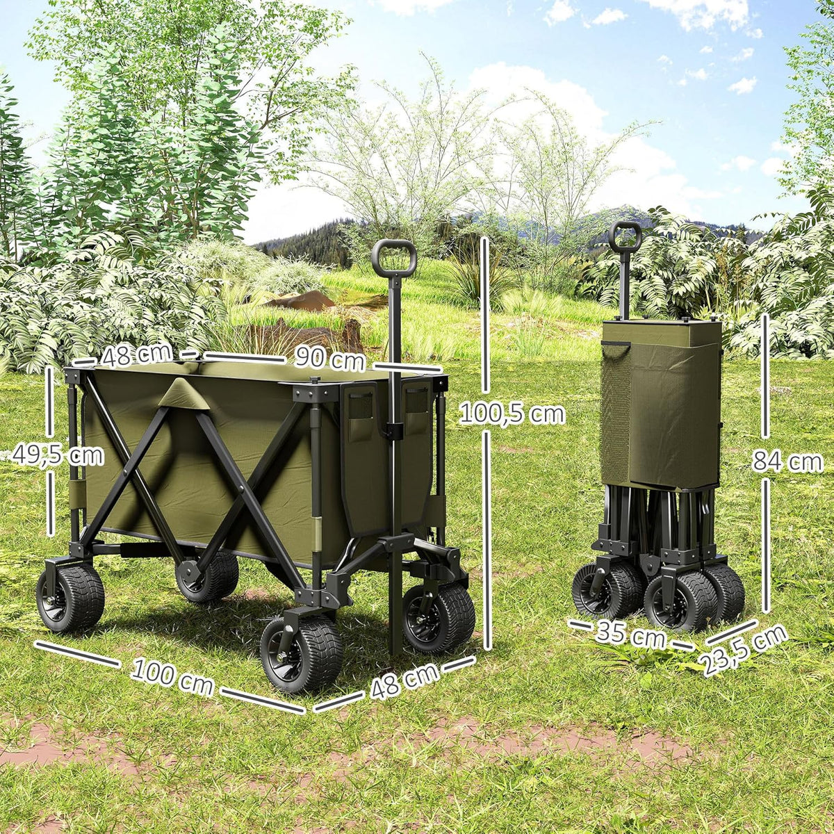 Outsunny Handcart Folding Handcart with Adjustable Handle, Pockets, Green - QUORE