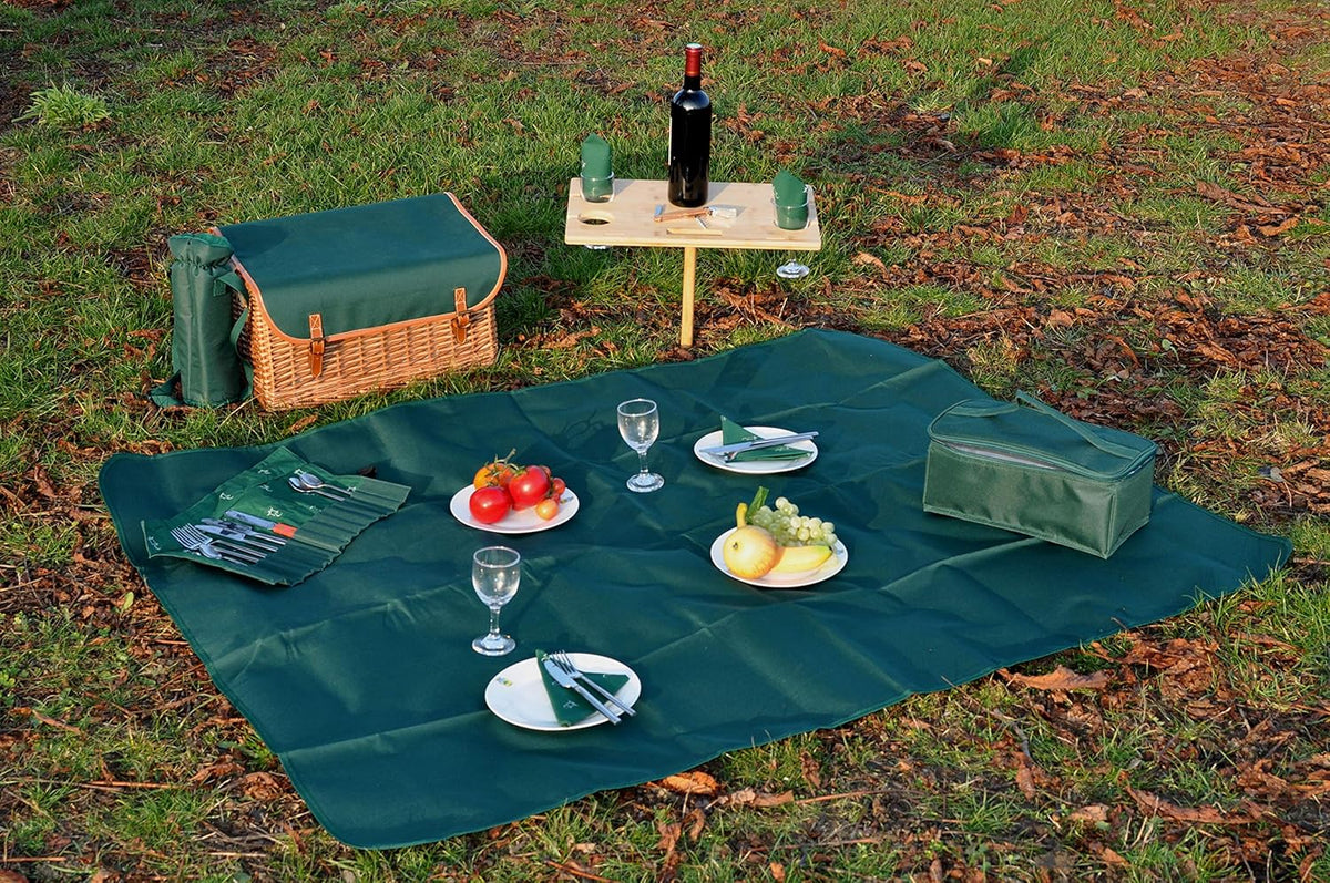 Les Jardins de la Comtesse - Groene Picknickmand Saint-Honoré - Lederen riemen - 4 personen - Met opvouwbare tafel in bamboe - Porseleinen borden en glazen wijnglazen - 45 x 28 x 28 cm