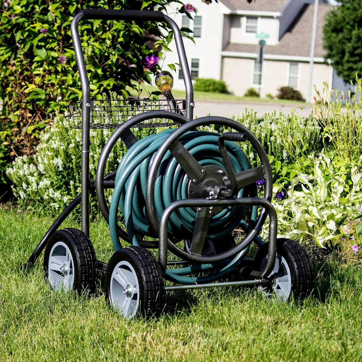 Slanghaspel Met Wielen – Slangenkar – Tuinslanghouder – Slangcaddie – Tuinslanghaspel – 250 Ft Capaciteit – Robuuste Hammertone Metalen Afwerking