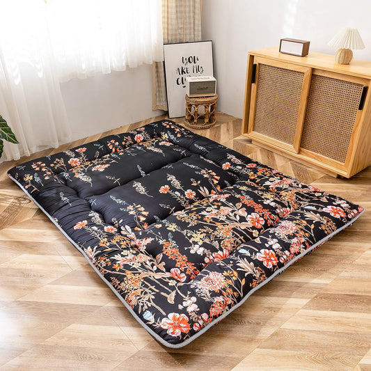 MAXYOYO Japanse vloermatras Futon-matras, dikker Tatami-mat slaapkussen opvouwbaar opklapmatras slaapzaal matraskussen vloer ligbed kussen bed (zwarte bloemen, enkel)