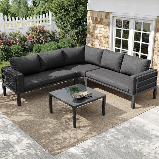 4-5 Seats, Garden Furniture Set with Corner Sofa, Outdoor Lounge Furniture with Galvanized Iron Frame, Garden Furniture Set with 1 Tempered Glass Coffee Table Including Seat Cushion and - QUORE