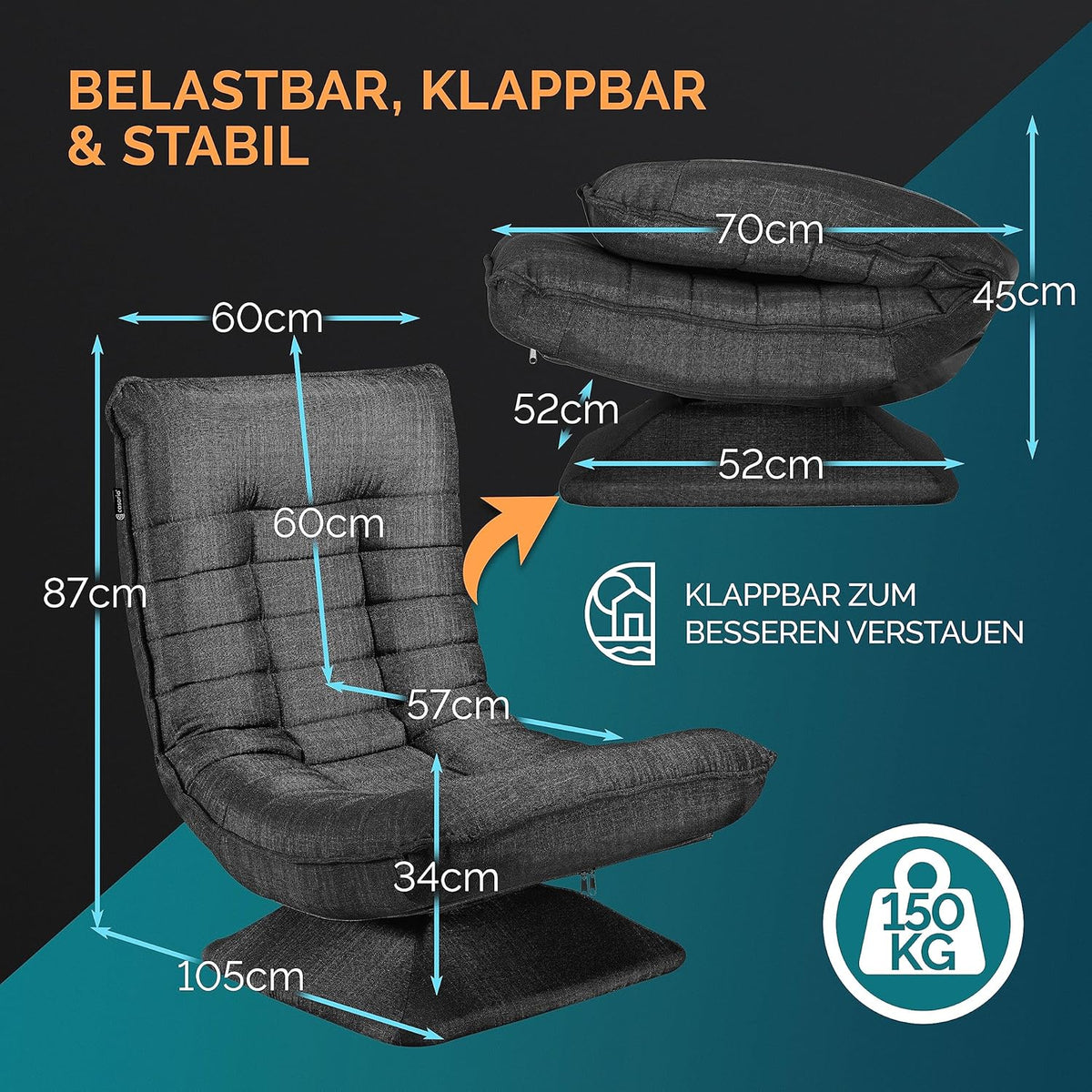 CASARIA Armchair Adjustable 360° Rotatable Foldable Max 150kg 58x57x84cm Fabric Living Room Gaming Sofa Chair Chair Black - QUORE